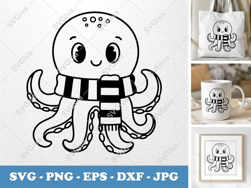 Octopus SVG | Cute Cartoon Sea Animal with Scarf | Craft Cut File, PNG, EPS, DXF for Cricut, Silhouette