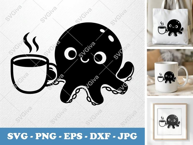 Octopus SVG, Cute Coffee Octopus, Cartoon Mug, Modern Clean Design | PNG EPS DXF | Cricut Silhouette Cut File