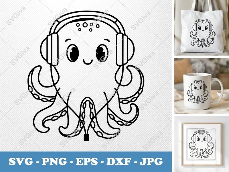 Octopus SVG, Cute DJ Octopus with Headphones, Modern Clean Design | PNG EPS DXF | Cricut Silhouette Cut File