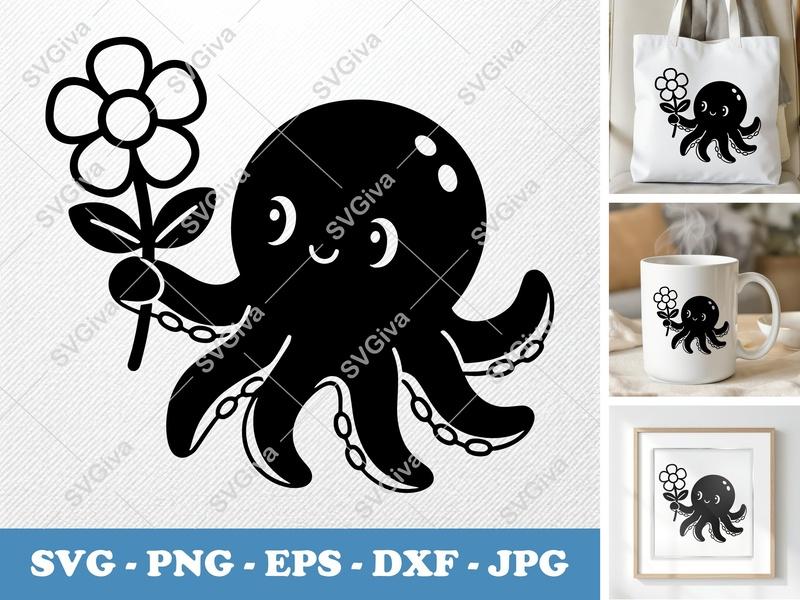 Octopus SVG, Cute Flower Tentacle Design, PNG EPS DXF, Cricut Silhouette Cut File, Ocean Animal Clipart, Craft Download