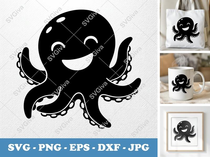 Octopus SVG, Cute Happy Octopus Cut File, Sea Creature Clipart | PNG EPS DXF | Cricut Silhouette File