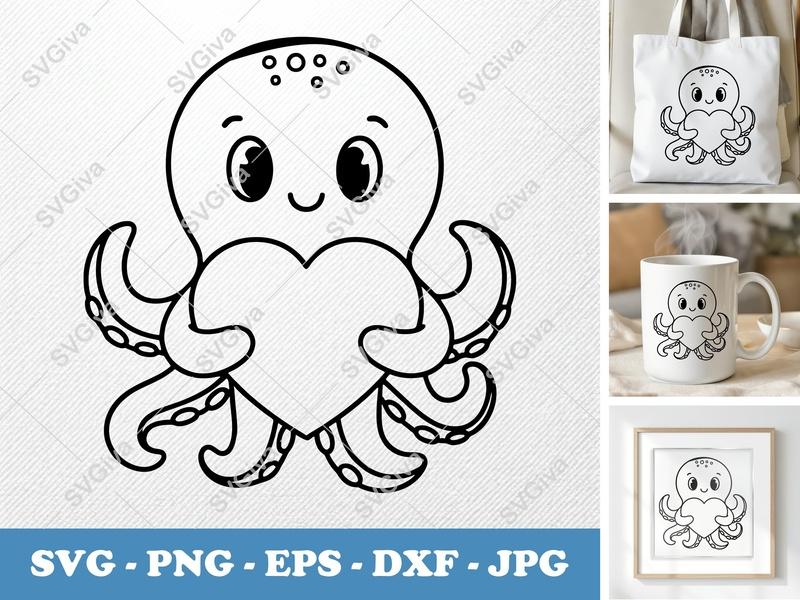 Octopus SVG, Cute Heart Octopus Cut File, Baby Sea Animal Design, PNG EPS DXF for Cricut, Silhouette, Nursery Decor, Kids Craft