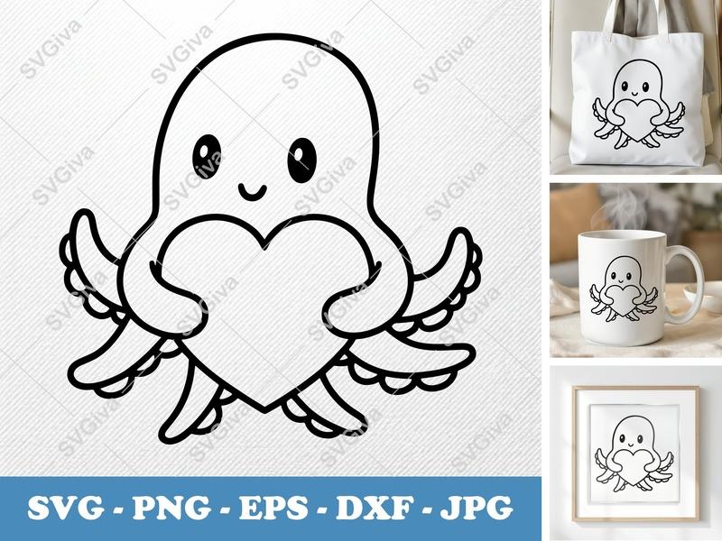 Octopus SVG, Cute Heart Octopus Cut File, Kawaii Animal PNG EPS DXF for Cricut, Silhouette, Ocean Love Clipart