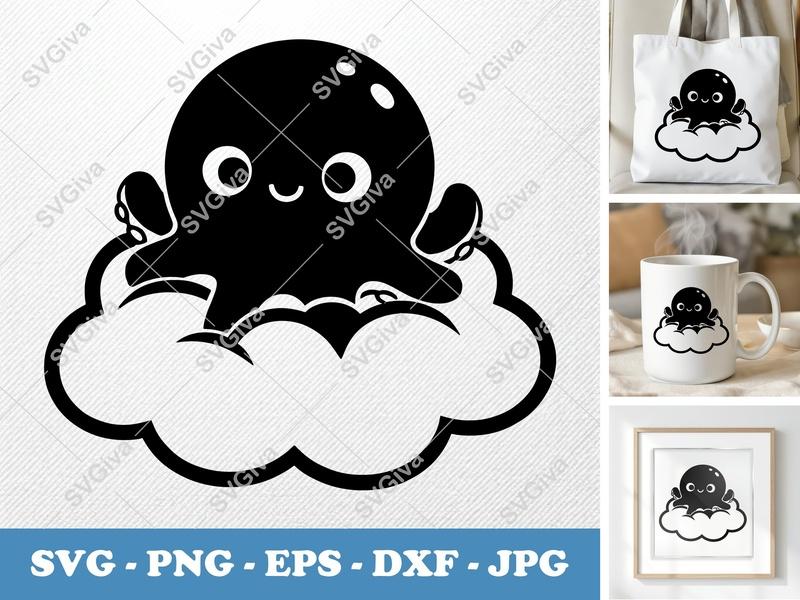 Octopus SVG, Cute Kawaii Cloud Tentacle Cut File, Funny Baby Animal Clipart | PNG EPS DXF for Cricut Silhouette