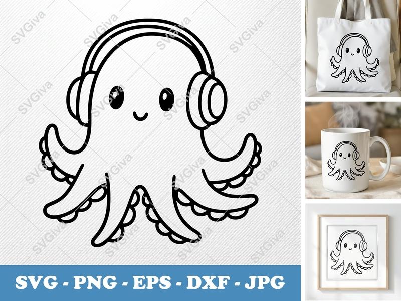 Octopus SVG, Cute Kawaii with Headphones, Digital Download | PNG EPS DXF | Cricut Silhouette Cut File