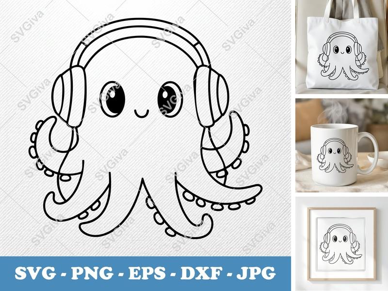 Octopus SVG, Cute Octopus Headphones Cut File, Modern Sea Animal PNG EPS DXF for Cricut & Silhouette, Ocean Creature Clipart