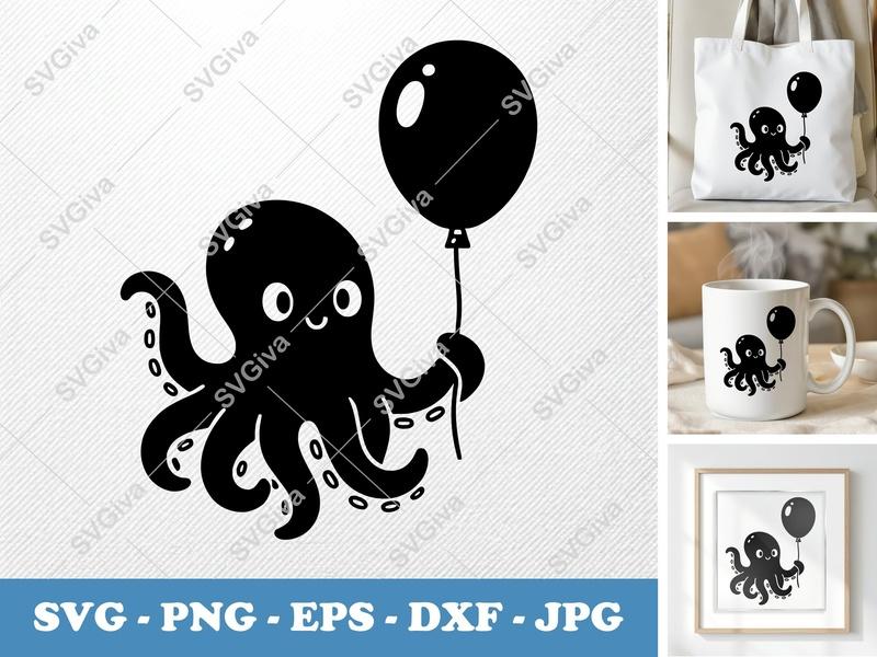 Octopus SVG, Cute Octopus with Balloon PNG EPS DXF | Marine Animal Cut File for Cricut, Silhouette, Ocean Life Clipart