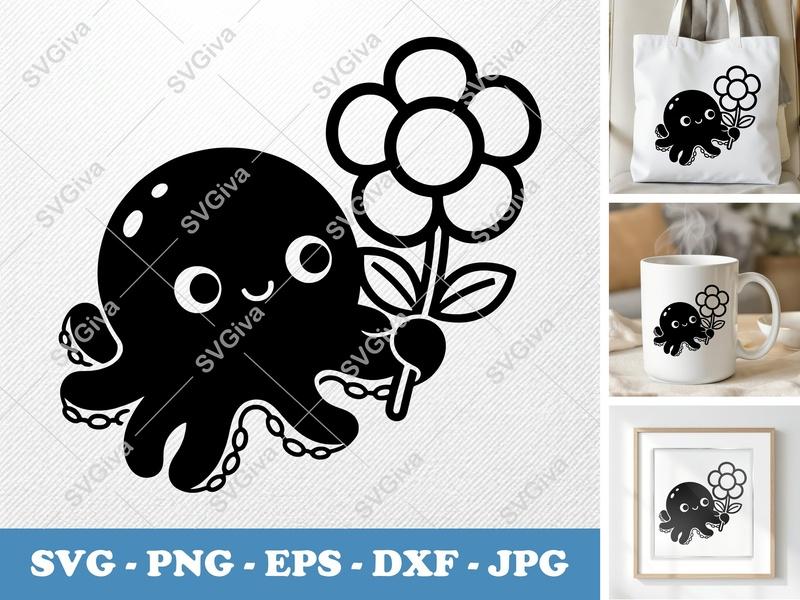 Octopus SVG, Cute Octopus with Flower, Modern Clean Design, PNG EPS DXF | Cricut Silhouette Cut File