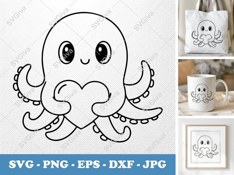 Octopus SVG | Cute Octopus with Heart | Cartoon Sea Animal | Outline Design | PNG EPS DXF for Cricut Silhouette