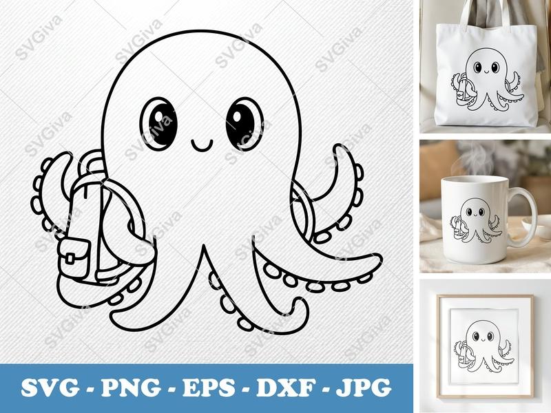 Octopus SVG, Cute School Backpack Octopus, Modern Outline Art, PNG EPS DXF for Cricut, Silhouette, Back to School Cut File