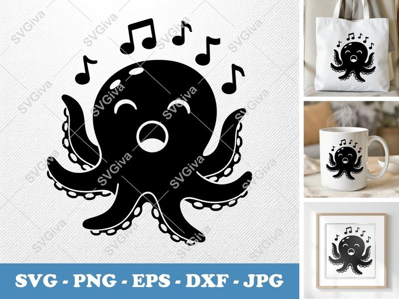 Octopus SVG, Cute Singing Music Octopus Cut File for Cricut | PNG, EPS, DXF | Marine Life Clipart for Silhouette