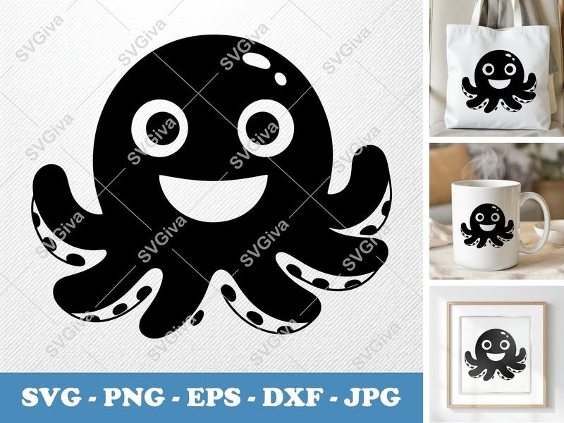 Octopus SVG | Happy Cartoon Octopus Cut File | Ocean Animal PNG, EPS, DXF for Cricut & Silhouette | Cute Under the Sea Clipart