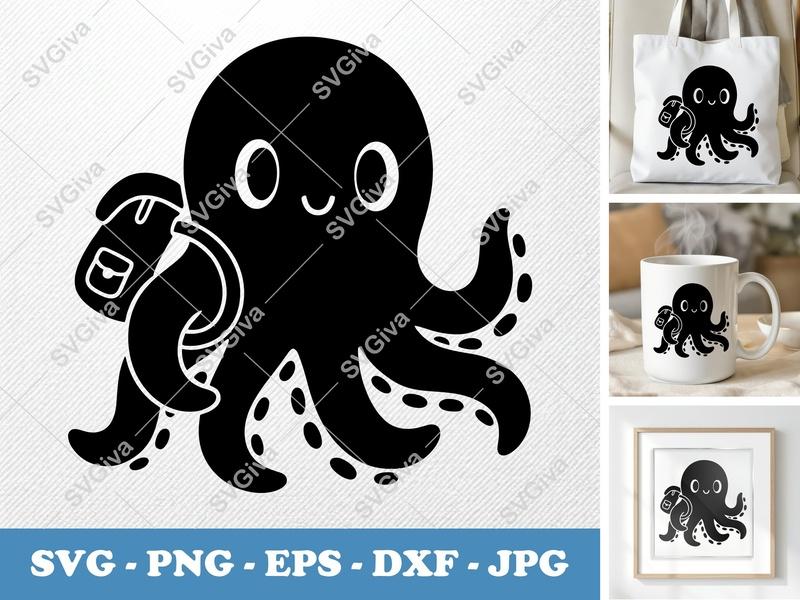 Octopus SVG | Puffy Backpack Octopus Cut File | Inflated Style PNG DXF EPS | Cricut Silhouette Ready