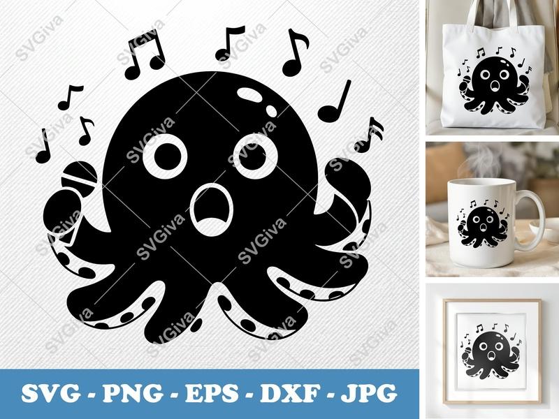 Octopus SVG, Singing Karaoke Music Notes Cut File | PNG EPS DXF for Cricut & Silhouette, Modern Ocean Animal Clipart