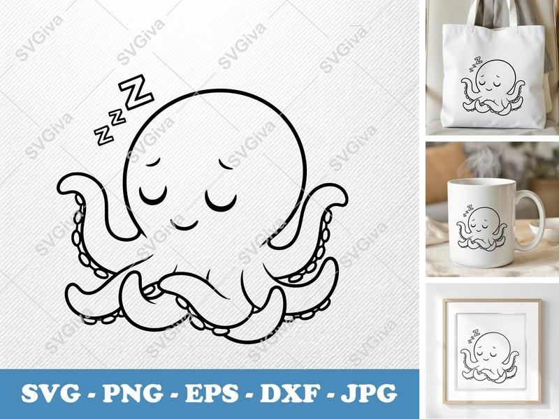 Octopus SVG | Sleeping Octopus Cut File, Cute Ocean Animal PNG EPS DXF | Cricut & Silhouette Design