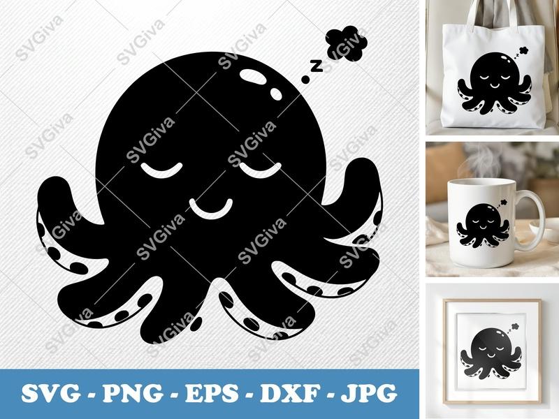 Octopus SVG | Sleeping Octopus Cut File | Kawaii Sea Animal | PNG EPS DXF for Cricut Silhouette Projects