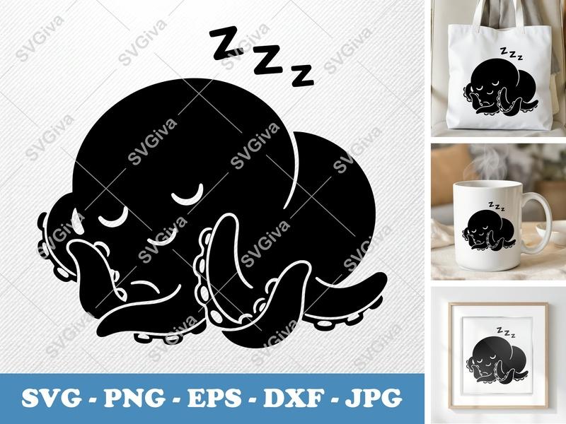 Octopus SVG | Sleeping Octopus Cut File | Zzz Tentacle Design | PNG EPS DXF for Cricut, Silhouette, Vinyl Decal
