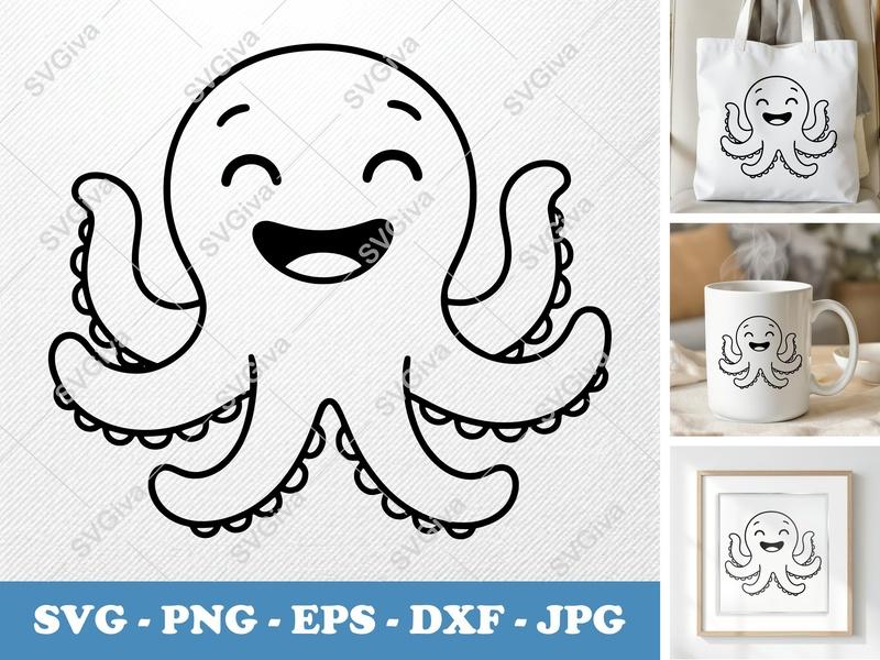 Octopus SVG, Smiling Happy Octopus | Rounded Bean-Shaped Cut File for Cricut, Silhouette | PNG DXF EPS