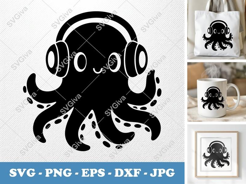 Octopus Wearing Headphones SVG | Puffy Cartoon Cuddle Cut File | PNG DXF EPS | Cricut Silhouette Ocean Animal