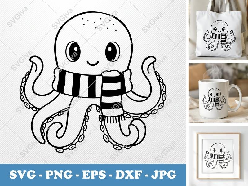 Octopus wearing scarf SVG | Friendly Bean-Shaped Cut File | PNG DXF EPS | Cricut Silhouette