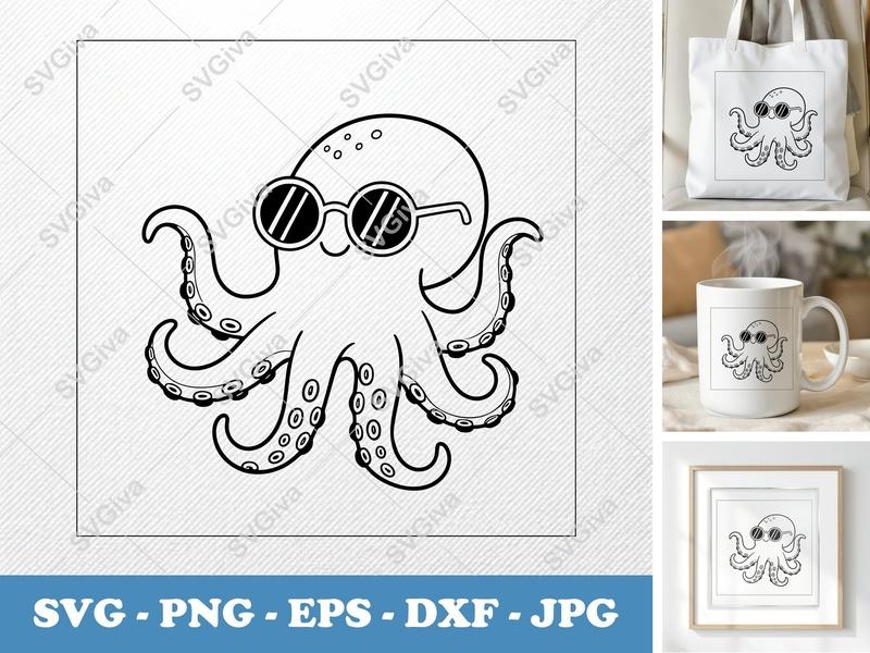Octopus Wearing Sunglasses SVG, PNG, DXF, EPS | Cricut Silhouette Cut File