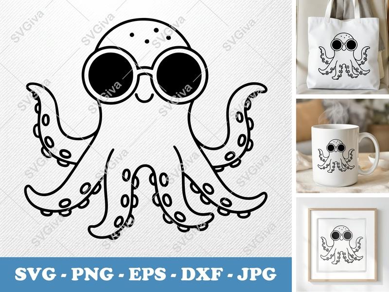 Octopus Wearing Sunglasses SVG PNG DXF EPS | Cricut Silhouette | Ocean Sea Animal Cut File