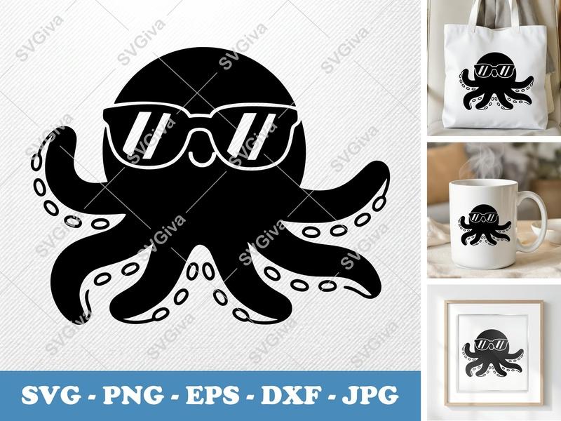 Octopus Wearing Sunglasses SVG | Puffy Pillow Soft Shapes | Cricut Silhouette File | PNG DXF EPS