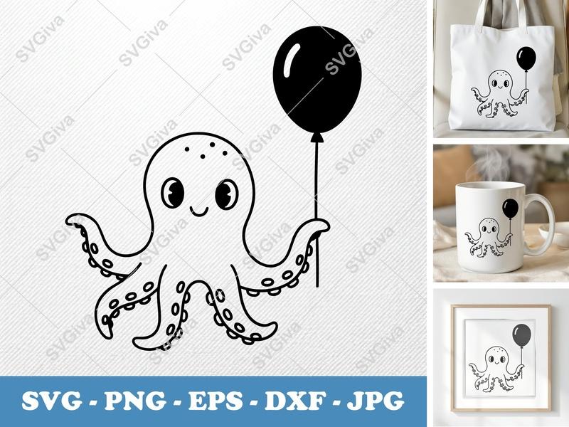 Octopus with Balloon SVG PNG DXF EPS | Cricut Silhouette | Cute Ocean Animal Cut File