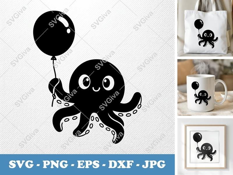 Octopus with Balloon SVG | Puffy Inflated Design | PNG DXF EPS | Cricut Silhouette | Cute Ocean Animal Cut File