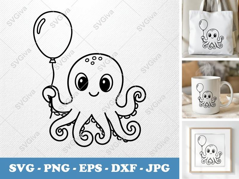 Octopus with Balloon SVG | Rounded Friendly Design | PNG, DXF, EPS | Cricut Silhouette File