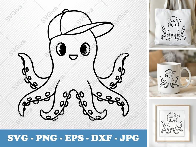 Octopus with Cap SVG PNG DXF EPS | Cute Ocean Animal Cut File for Cricut Silhouette Projects