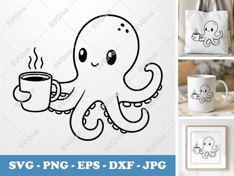 Octopus with Coffee Cup SVG | Cute Simple Character Design | Bold Outline Cut File | PNG DXF EPS | Cricut Silhouette Ready