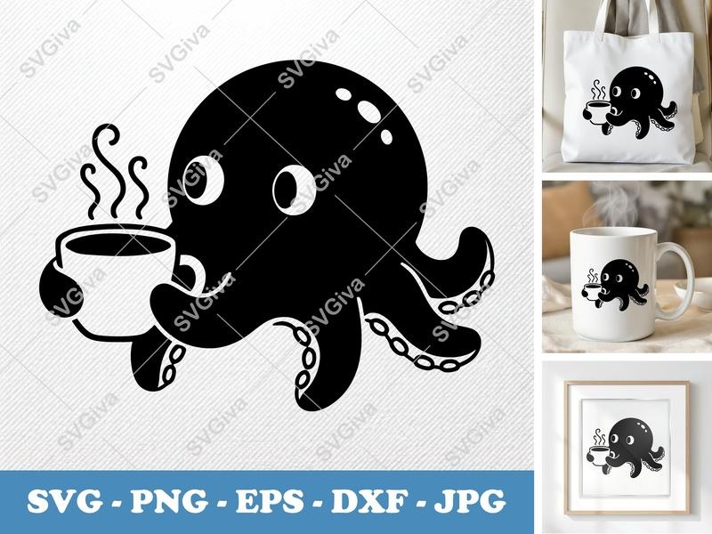 Octopus with Coffee Cup SVG | Puffy Soft Shapes | Inflated Pillow Art | PNG DXF EPS | Cricut Silhouette File