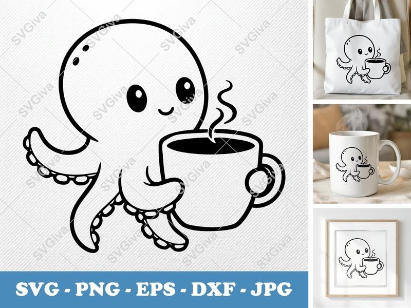 Octopus with coffee cup SVG | Rounded Friendly Bean-Shaped Cut File | PNG DXF EPS for Cricut Silhouette