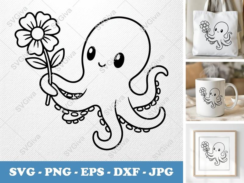 Octopus with Flower SVG | Bold Contour, Minimalist | PNG DXF EPS | Cricut Silhouette Cut File