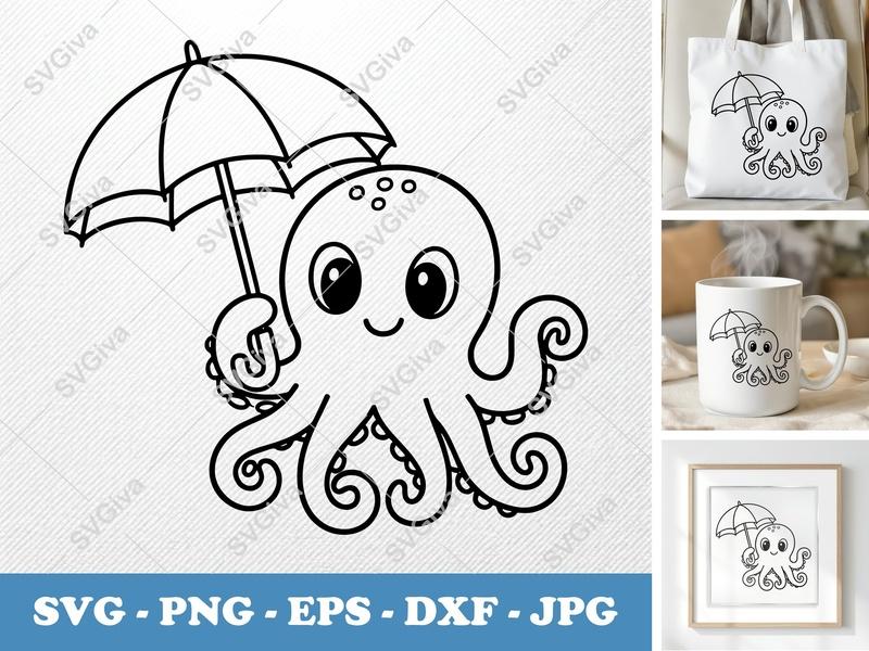 Octopus with Umbrella SVG | Cute Cartoon Design, PNG EPS DXF | Cricut Silhouette Cut File