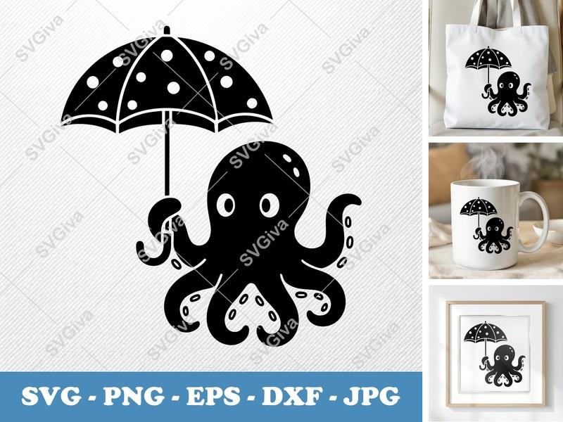 Octopus with Umbrella SVG | Cute Modern Sea Animal PNG EPS DXF for Cricut, Silhouette, Crafting, Ocean Life Cut File
