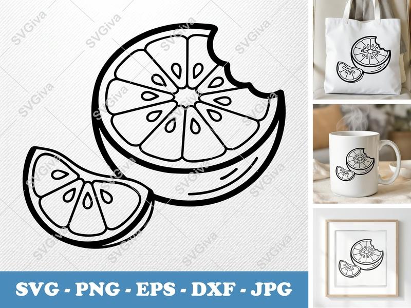 Orange SVG Cut File | Citrus Fruit Slice with Bite | Modern Line Art Design for Cricut, Silhouette | PNG EPS DXF Vector