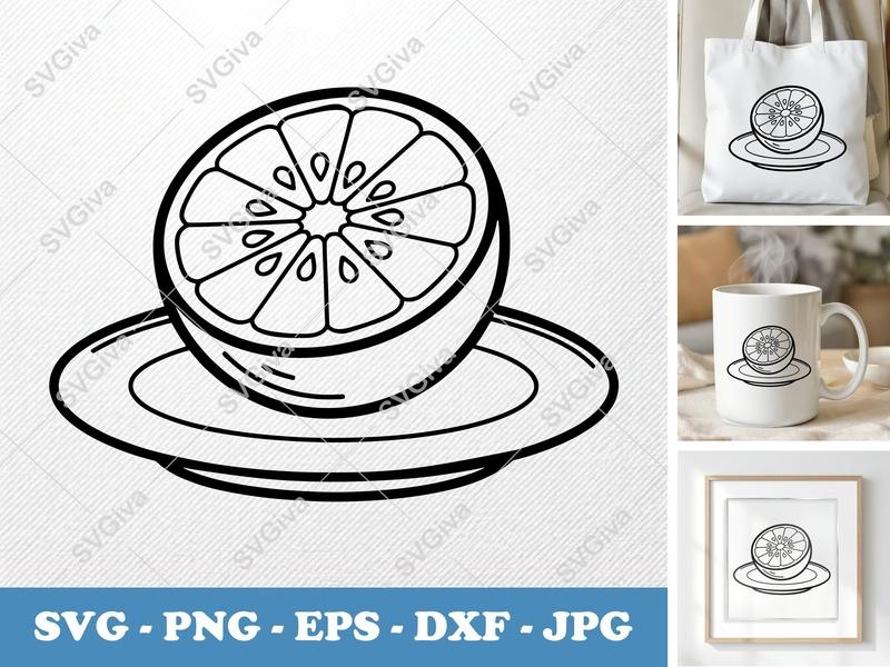 Orange SVG Cut Half Fruit on Plate | Modern Citrus Slice PNG EPS DXF for Cricut Silhouette Design