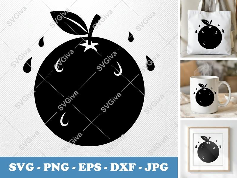 Orange SVG, Modern Citrus Fruit with Leaf & Juice Drops | PNG EPS DXF for Cricut & Silhouette, Kitchen Decor, Fresh Fruit Clipart