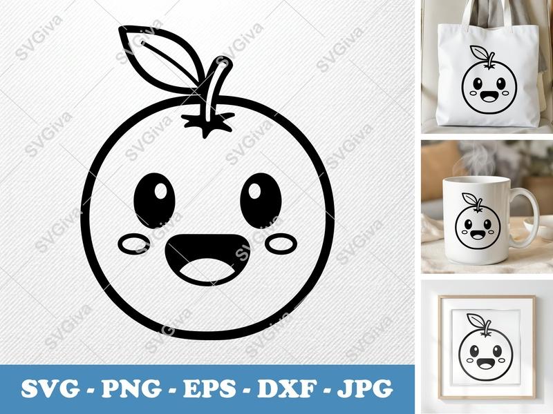 Orange with Smiling Face SVG | Double-Outline Minimalist Cute Design | PNG DXF EPS | Cricut Silhouette File