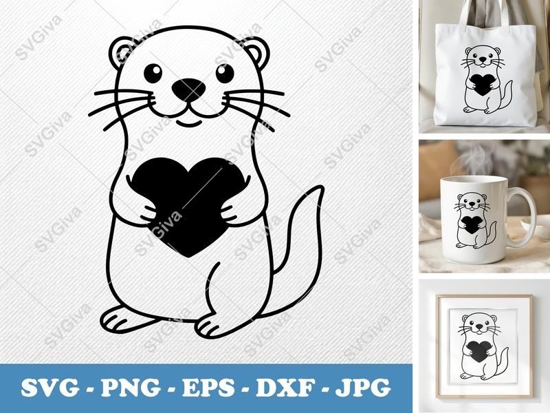 Otter Holding Heart SVG | Friendly Rounded Body Cut File | PNG DXF EPS | Cricut Silhouette Bean Shaped Forms
