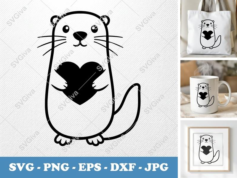 Otter Holding Heart SVG | Puffy, Pillow Soft Design | Cricut, Silhouette | PNG DXF EPS