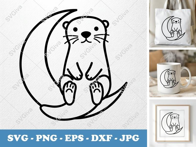 Otter on Moon SVG | Minimalist Bold Contour Cut File | Cricut Silhouette | PNG DXF EPS