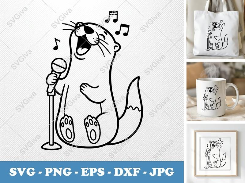 Otter Singing SVG, Cute Animal Mic Music Notes, PNG EPS DXF, Cricut Silhouette Cut File, Modern Design