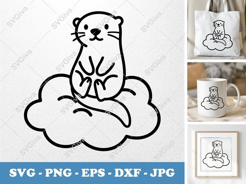 Otter Sitting on Cloud SVG | Puffy Cartoon Design | PNG, DXF, EPS | Cricut & Silhouette File