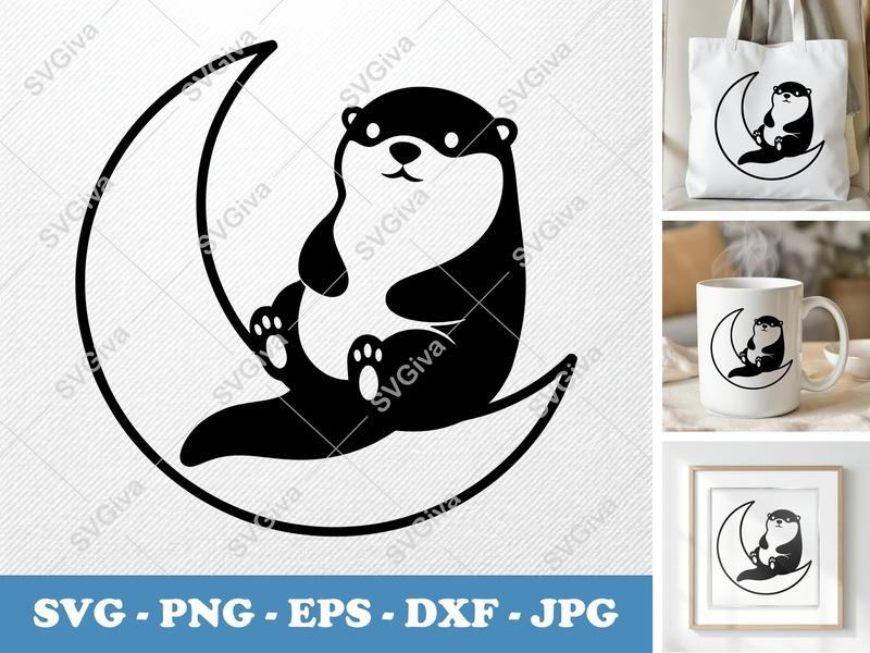 Otter Sitting on Moon SVG | Puffy Soft Shapes | Inflated Pillow-Soft Design | PNG DXF EPS | Cricut Silhouette Cut File