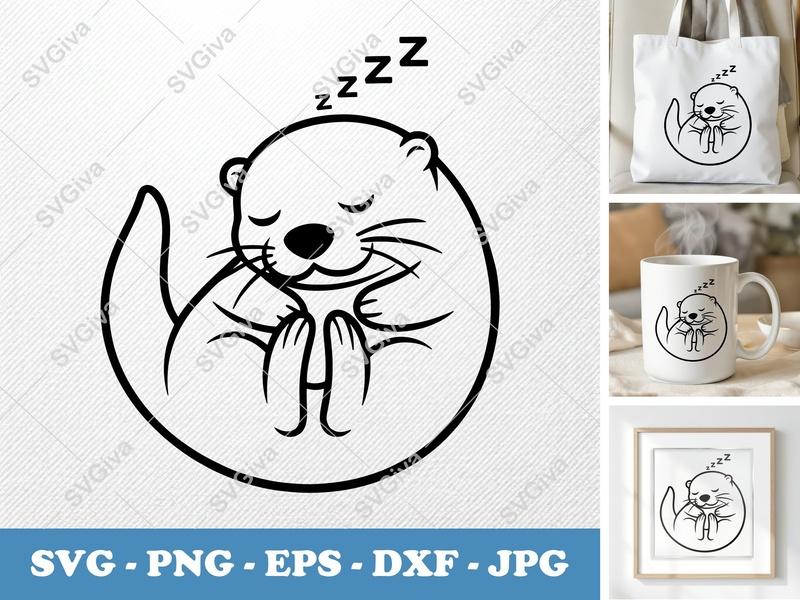 Otter Sleeping SVG, Cute Animal PNG, Modern Zzz EPS, DXF File for Cricut & Silhouette, Kawaii Sleepy Design