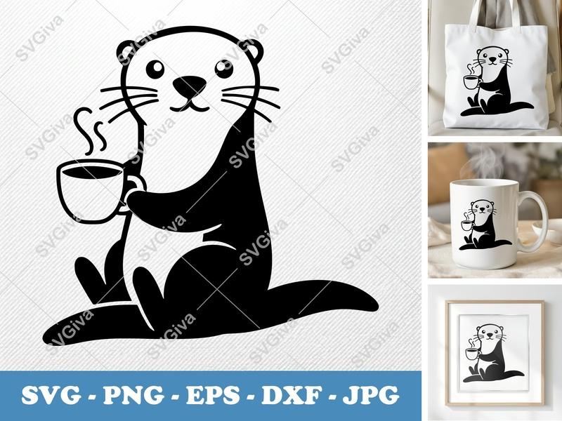 Otter SVG | Coffee Otter Cut File, Cute Animal Design, PNG EPS DXF for Cricut & Silhouette, Modern Drink Lover Art