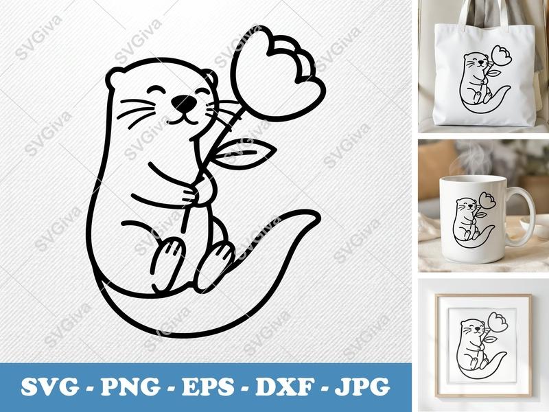 Otter SVG, Cute Flower Animal Png, Happy Outline Cut File for Cricut, Silhouette, EPS, DXF, Modern Kawaii Design
